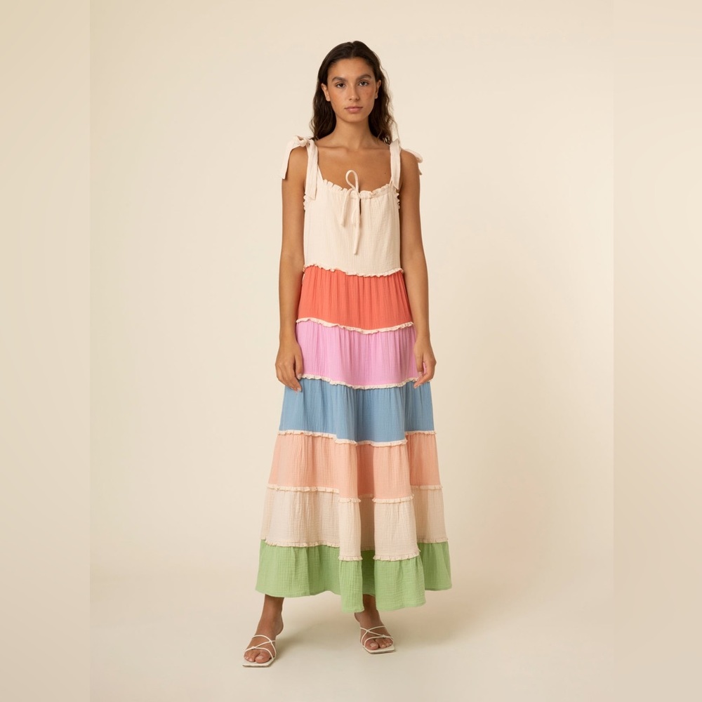 FRNCH Laurel Color Block Maxi Dress with Tied Shoulders Medium